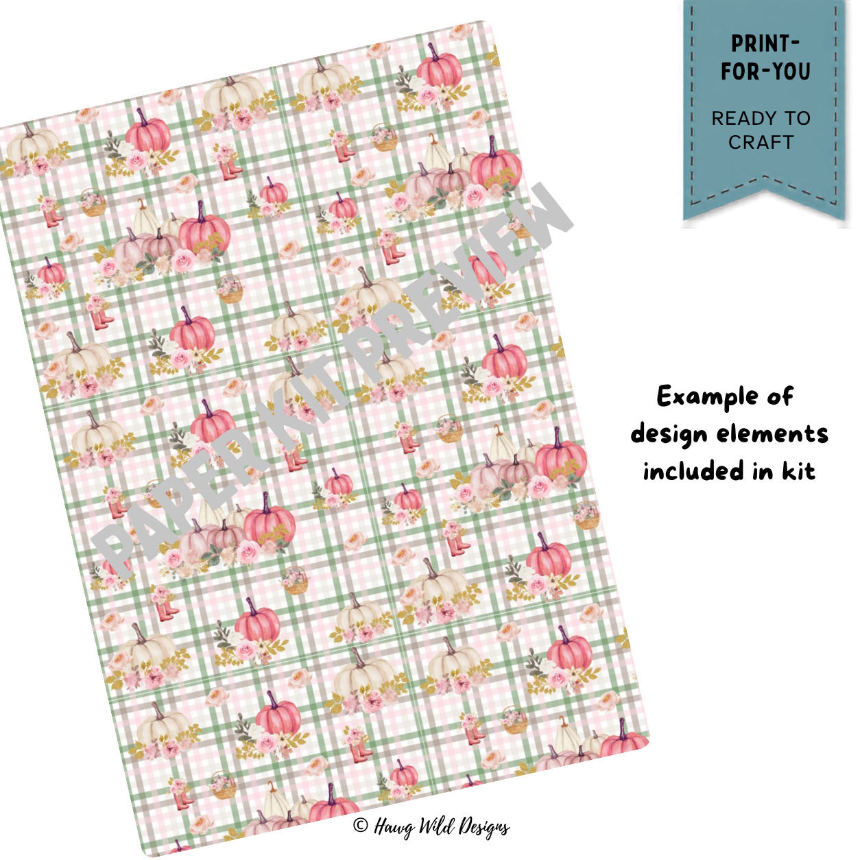 Fall patterned paper with pink and cream pumpkins, roses and green plaid from the Pumpkin Spice Latte Gift Tags kit