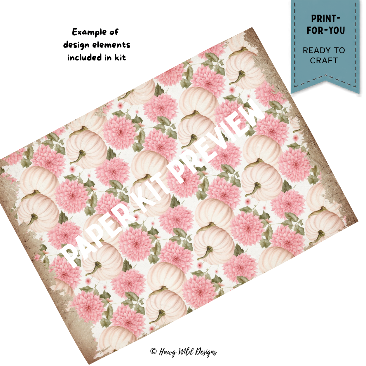 Pink and white pumpkin patterned paper with blush dahlias and green leaves from the Paris à l’Automne fall journal kit