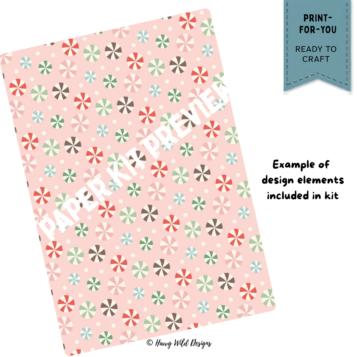 Gingerbread Dream 3D Folio Card printable kit with pink peppermint Christmas papers