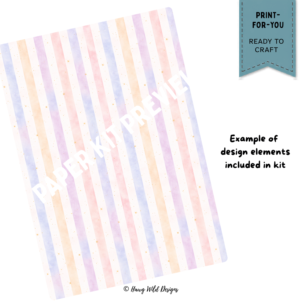 Pastel pink lavender blue and peach striped birthday scrapbook paper with tiny gold star accents