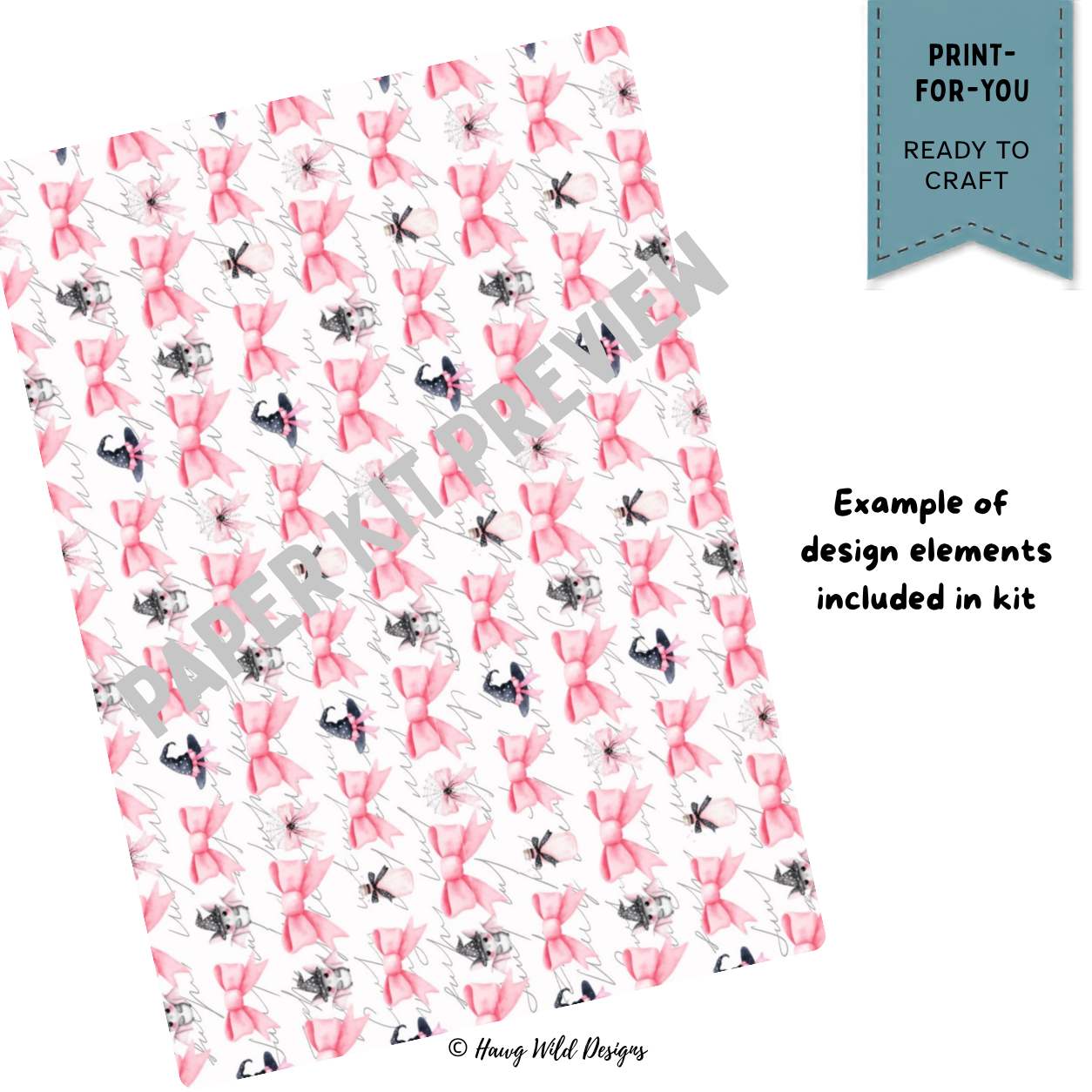Pink bow Halloween patterned paper with witch hats and whimsical black and white accents from the Bows and Boos collection