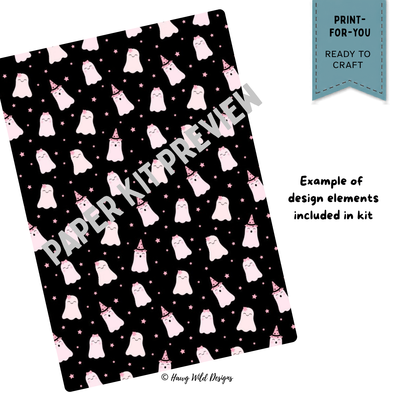 Black Halloween patterned paper with pink ghosts, witch hats and stars from the Spooktacular Pink Paper Pack