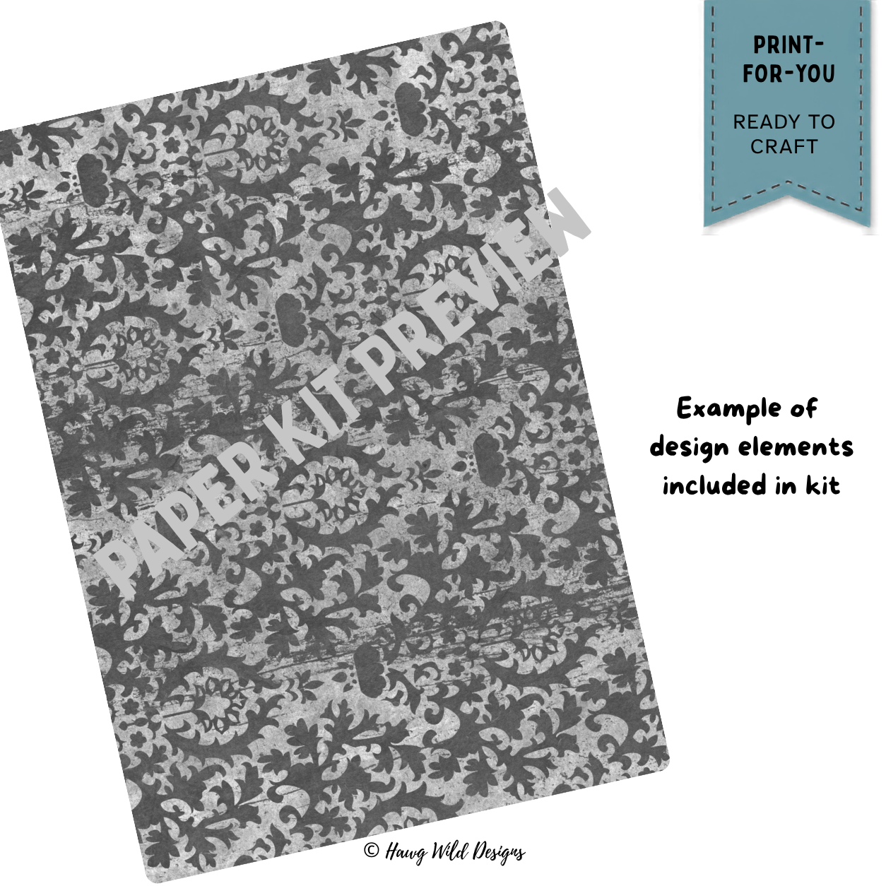 Gray and black vintage damask patterned paper from the Moody Manor Halloween paper craft collection