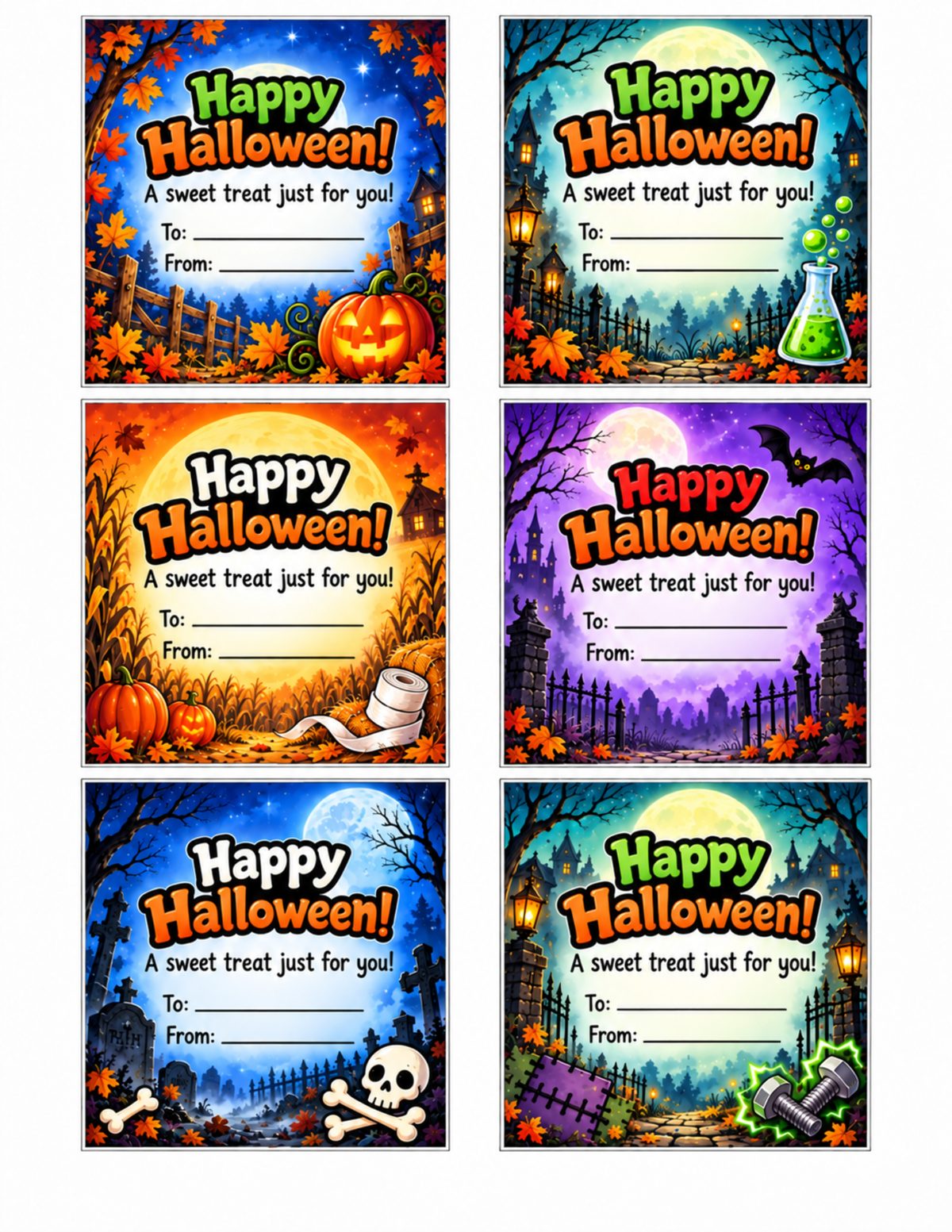 Six matching Halloween lollipop backer cards with Happy Halloween greetings, To and From spaces, glowing pumpkins, spooky castles and colorful nighttime scenes.