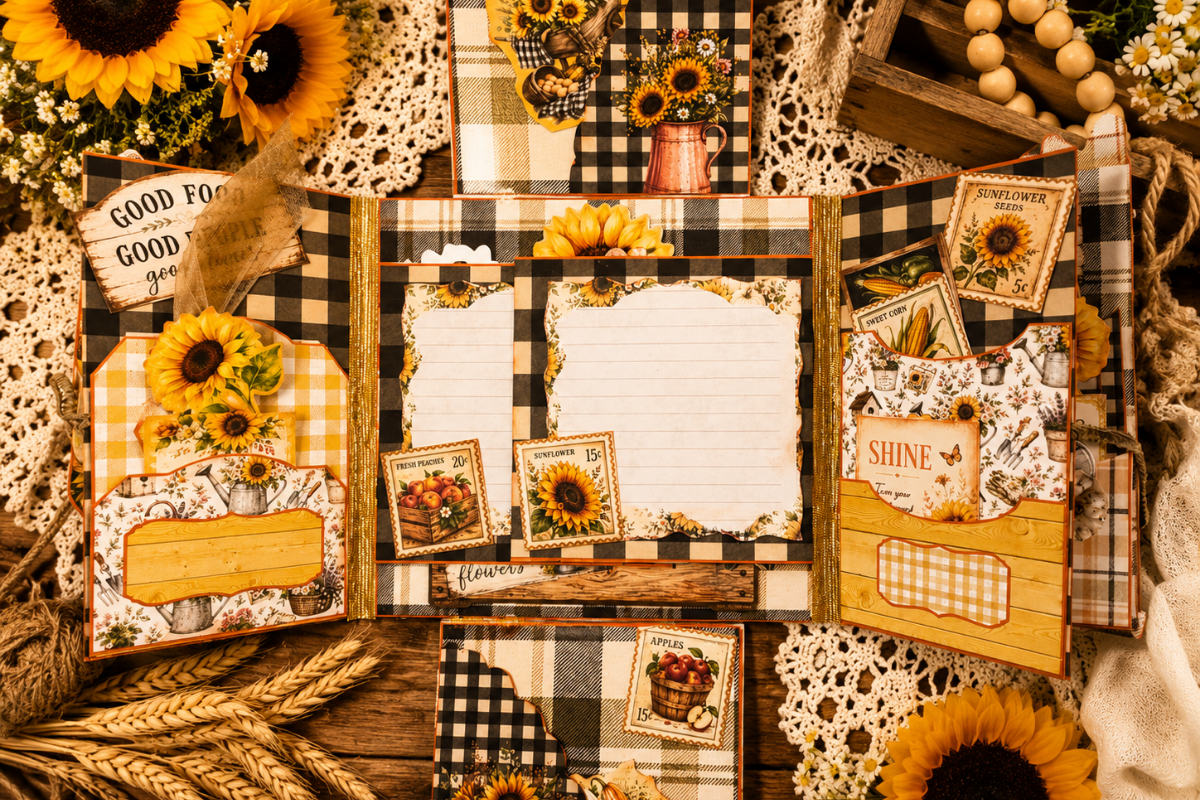 Open Sunflower Harvest Junk Journal Folio featuring black-and-cream buffalo plaid pages, sunflower artwork, farmhouse pockets, journaling cards, floral embellishments, and harvest-themed ephemera.