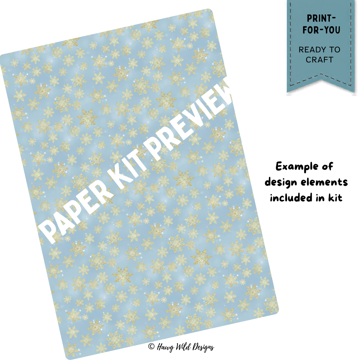 Blue winter paper pattern with gold snowflakes from Woodland Winter Shadow Box Book craft kit