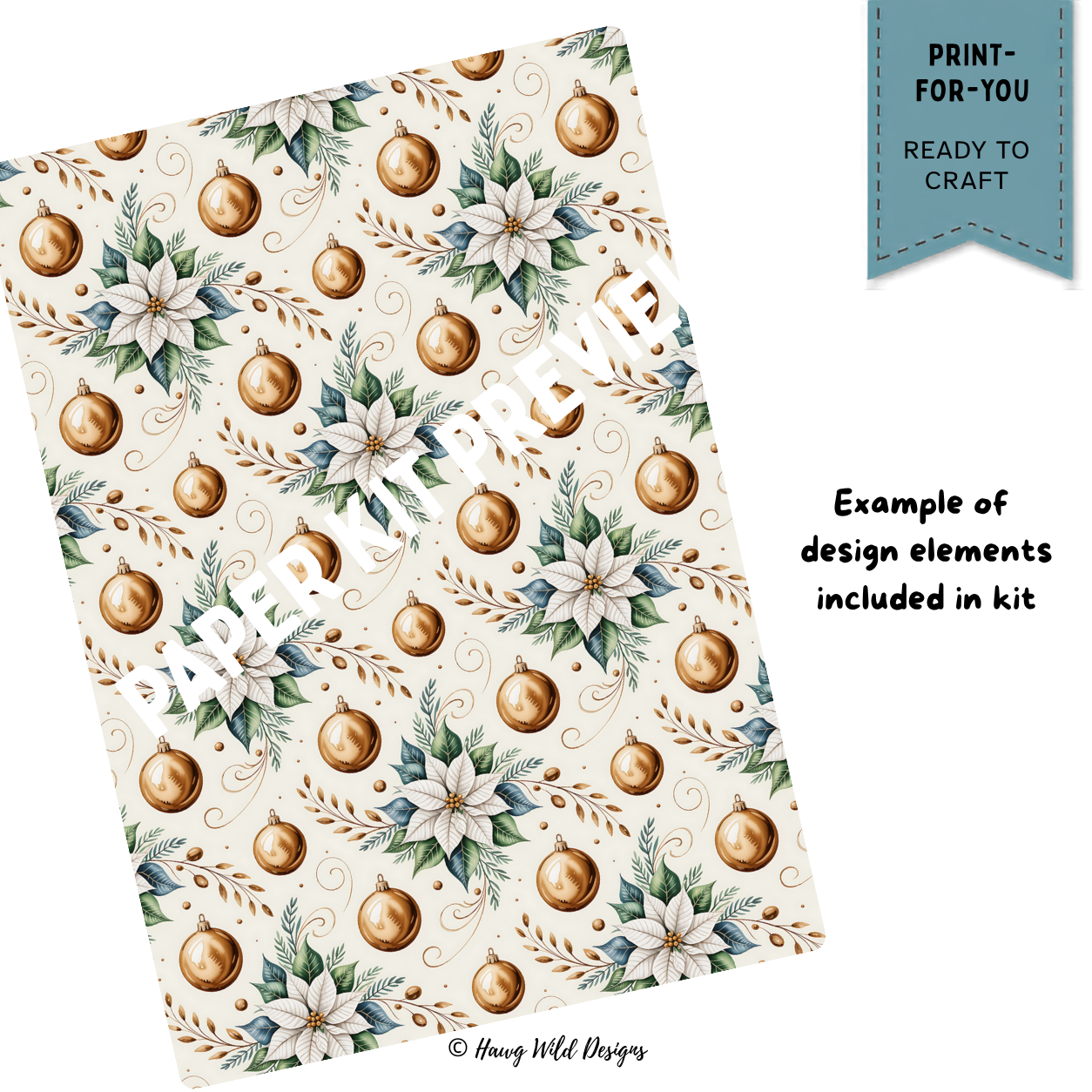 Silent Night Christmas paper pattern with white poinsettias, evergreen leaves and gold ornaments for Christian holiday paper crafting