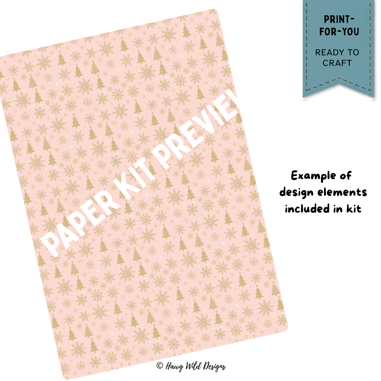 Pink and gold Vintage Christmas patterned paper with Christmas trees, snowflakes and sparkling stars