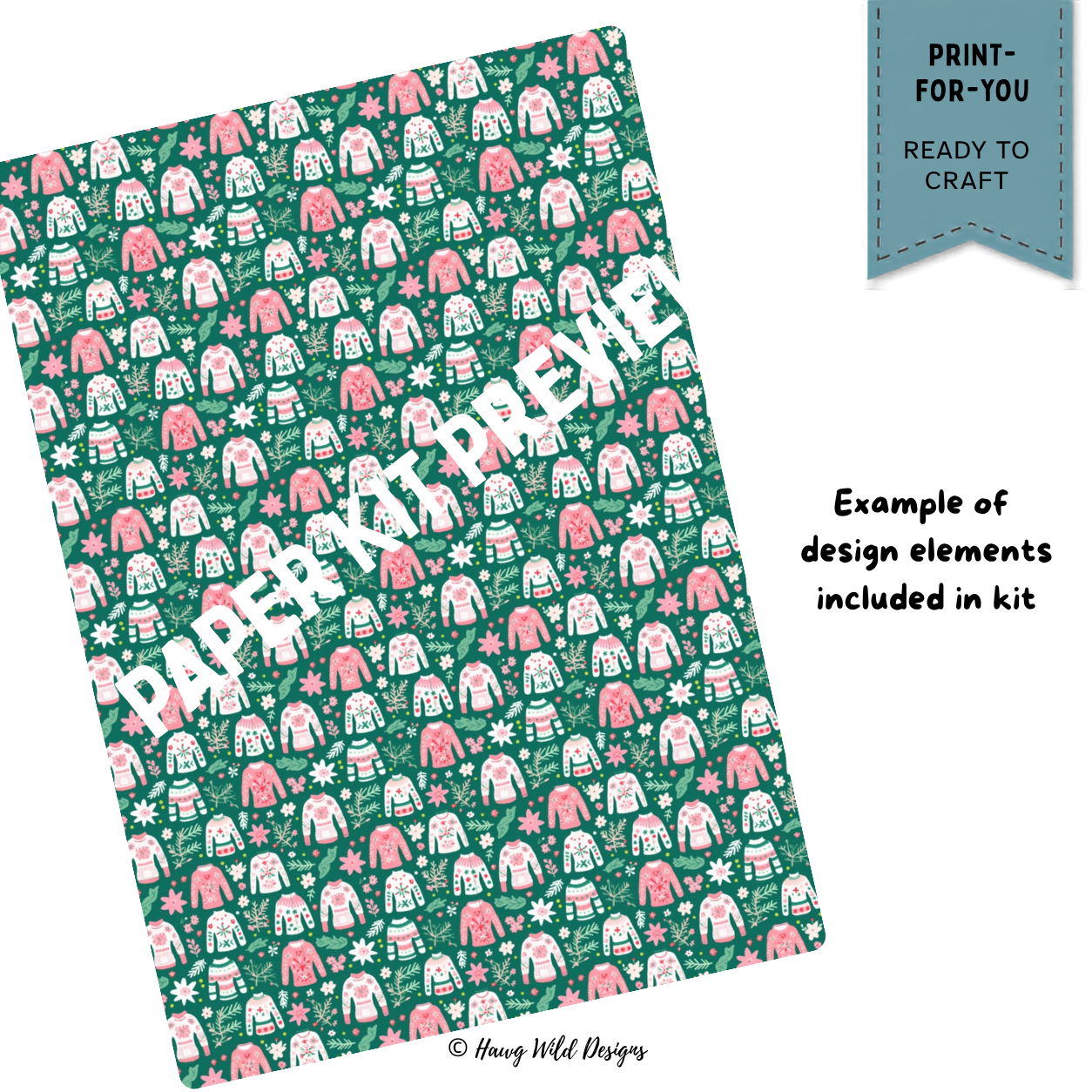 Pink and green Christmas sweater patterned paper included in the Christmas Ephemera Keeper paper craft kit