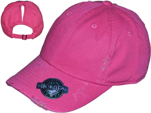 Baseball Cap - Ponytail Premium Vintage Cotton Twill Messy High Bun Hat - Fushia