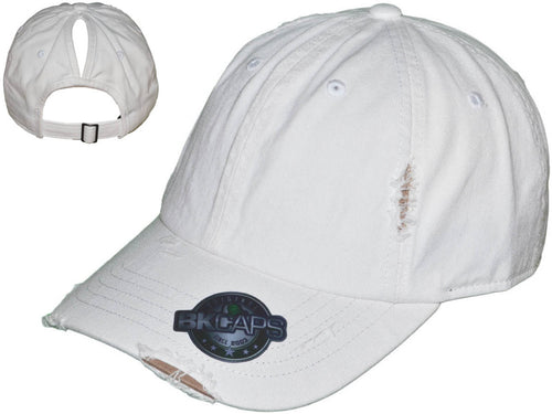 Baseball Cap - Ponytail Premium Vintage Cotton Twill Messy High Bun Hat - White