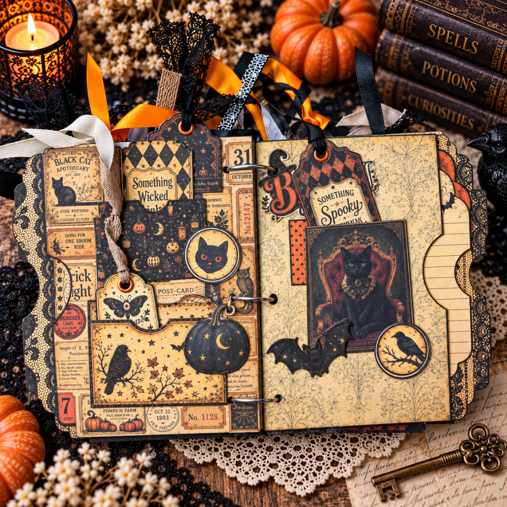 Open Book of Oddities and Curiosities Junk Journal featuring vintage Halloween ephemera, black cat artwork, ravens, bats, pumpkins, tags, pockets, and layered paper elements.