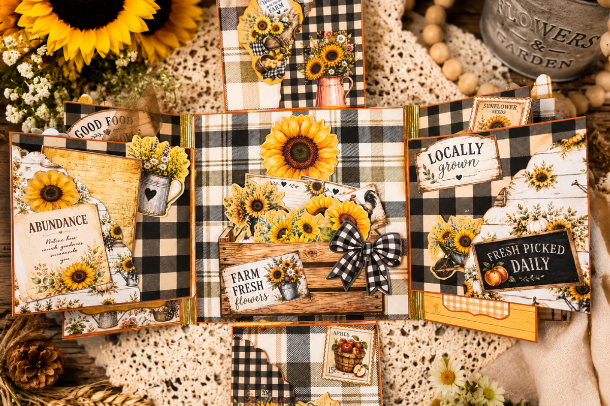 Sunflower Harvest Junk Journal Folio open to layered harvest pages featuring sunflowers, buffalo plaid, Farm Fresh Flowers, Locally Grown and Fresh Picked Daily signs, pockets, tags, and gingham embellishments.