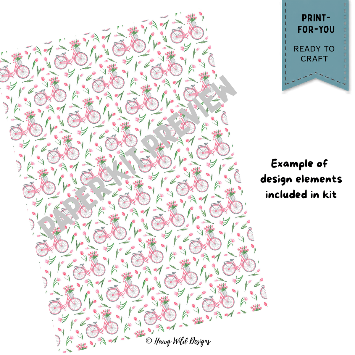 Pink bicycle and tulip repeating paper pattern for the Bundle of Faith Christian junk journal craft kit
