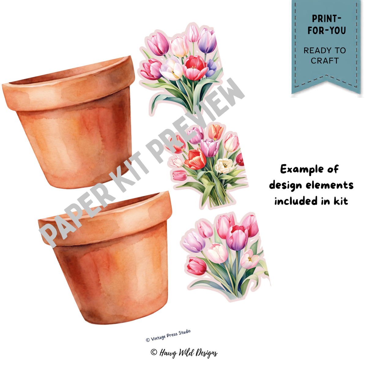 Watercolor terracotta flower pots and colorful tulip bouquet ephemera for Christian spring junk journal crafting