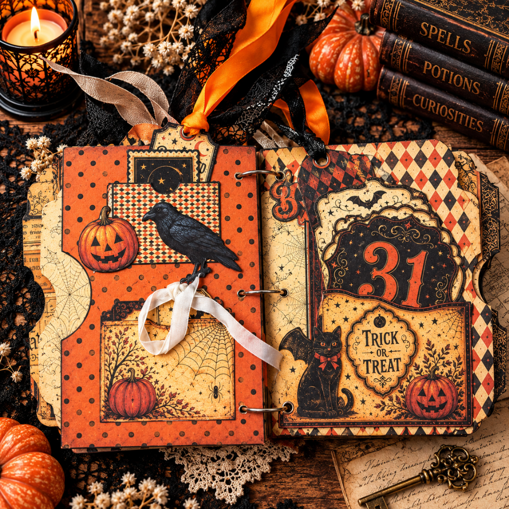 Halloween junk journal spread from Book of Oddities and Curiosities featuring a raven, jack-o'-lantern, spiderweb pocket, number 31 card, black cat, and orange and black vintage patterns.