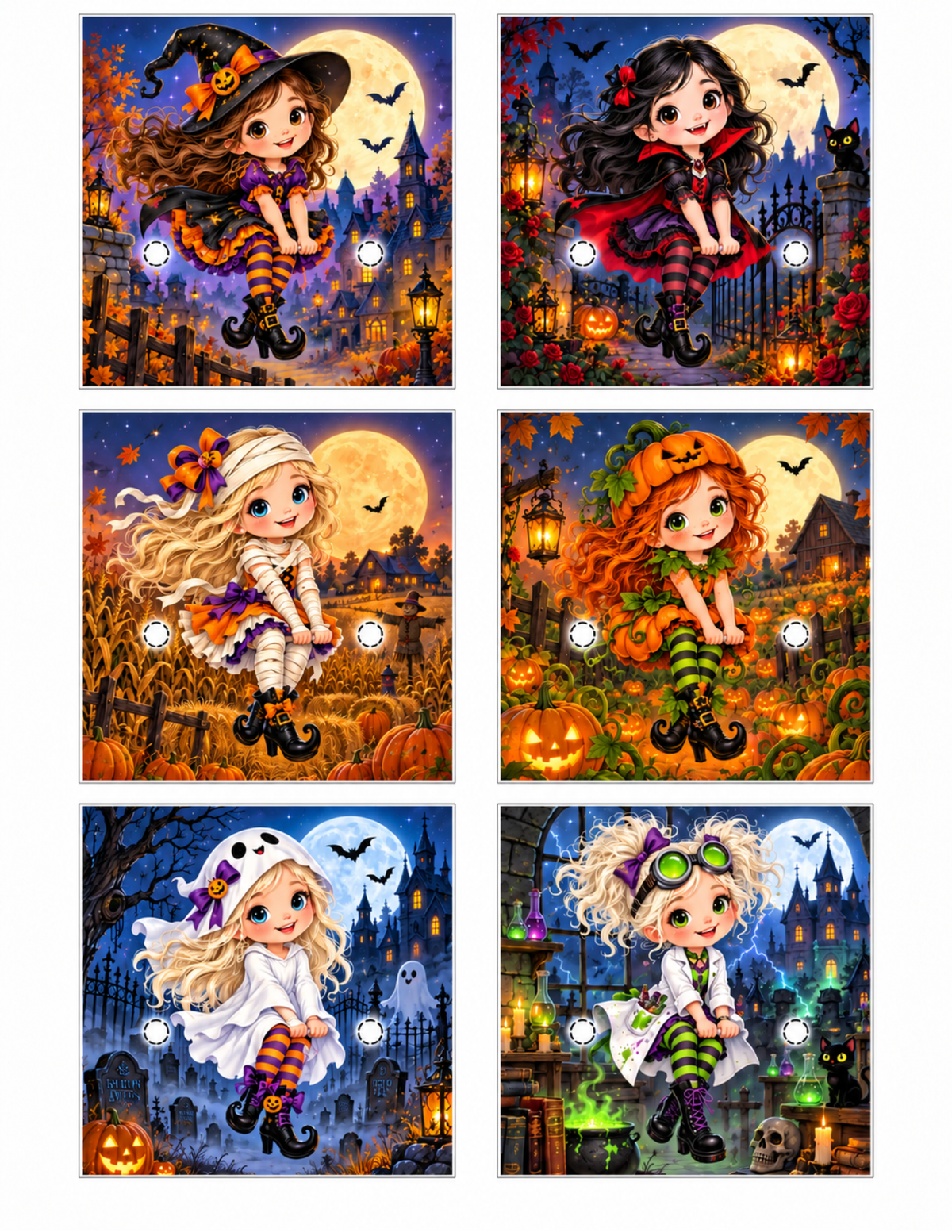 Six Halloween printable lollipop treat card fronts featuring adorable girl characters dressed as a witch, vampire, mummy, pumpkin, ghost and mad scientist.