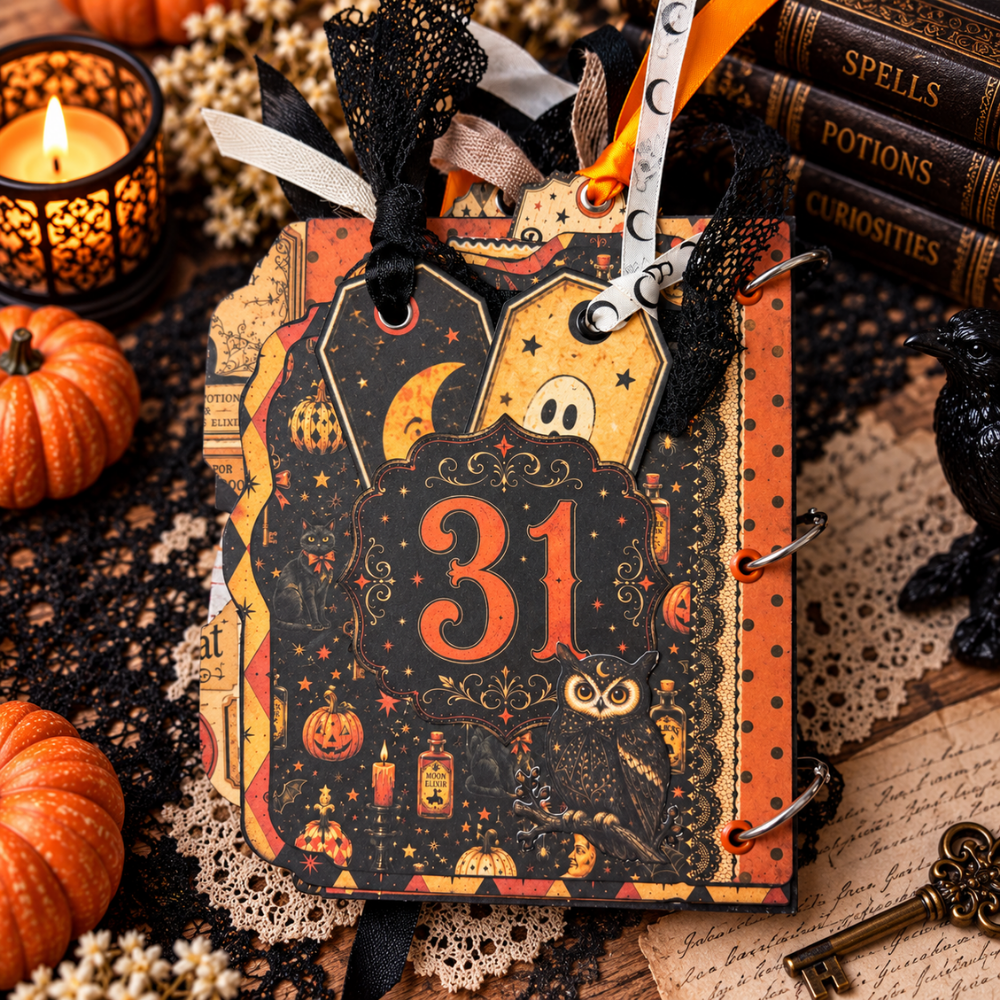Halloween junk journal spread from Book of Oddities and Curiosities featuring a raven, jack-o'-lantern, spiderweb pocket, number 31 card, black cat, and orange and black vintage patterns.
