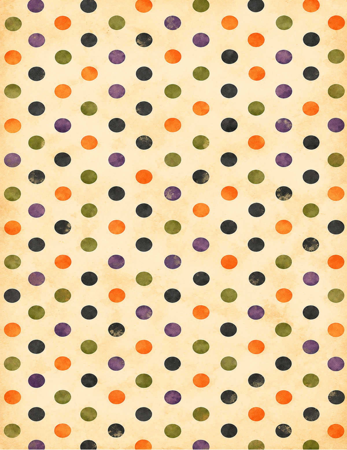 Vintage Halloween printable scrapbook paper with orange, purple, green and black polka dots on a distressed cream background for festive DIY crafts.