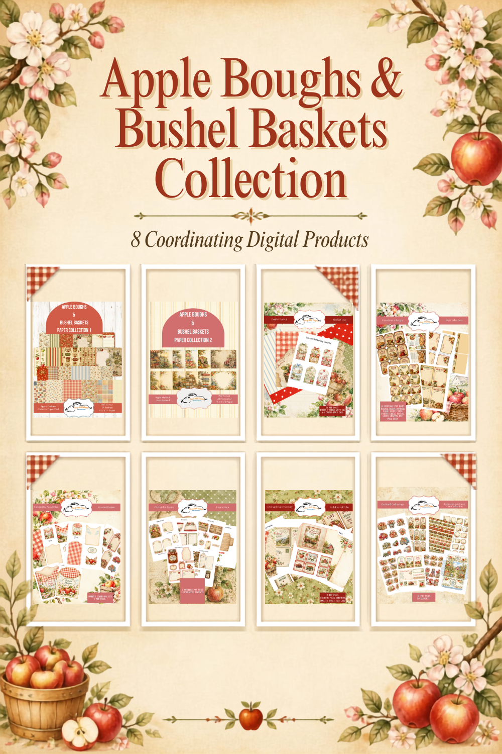 Apple Boughs & Bushel Baskets digital printable collection by Hawg Wild Designs featuring 8 coordinating products including orchard paper packs, stuffed tags, loaded pockets, interactives, junk journal folio, recipe collection, and ephemera.