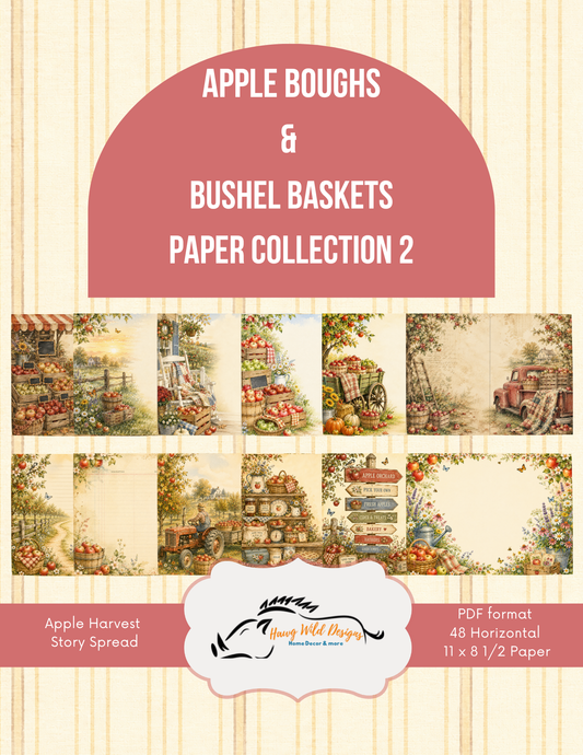 Apple Harvest Story Spread featuring 48 horizontal printable junk journal pages with apple orchards, farm stands, vintage trucks, florals and harvest scenes.