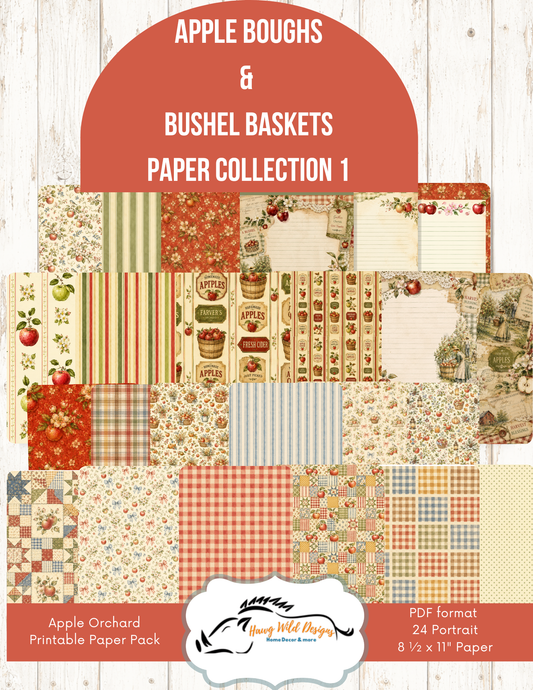 Apple Orchard Printable Paper Pack featuring 24 vintage apple, gingham, floral, striped and patchwork pages for junk journals and scrapbooking.