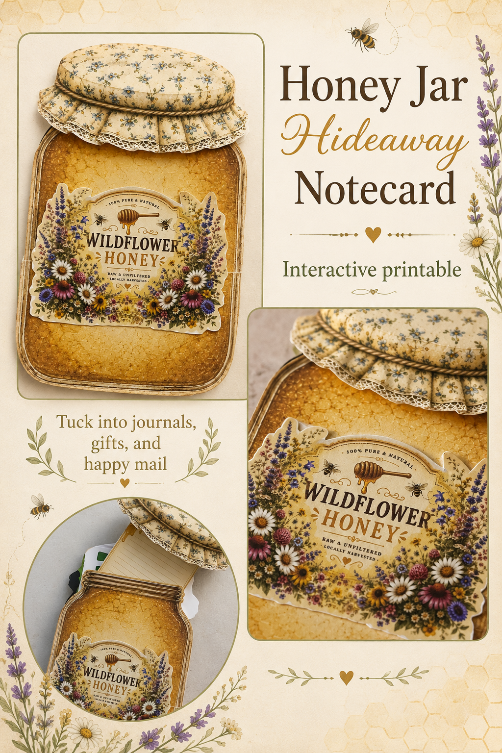 Honey Jar Hideaway Notecard printable collage showing the closed honey jar, floral label close-up, and hidden note feature for journals and happy mail.