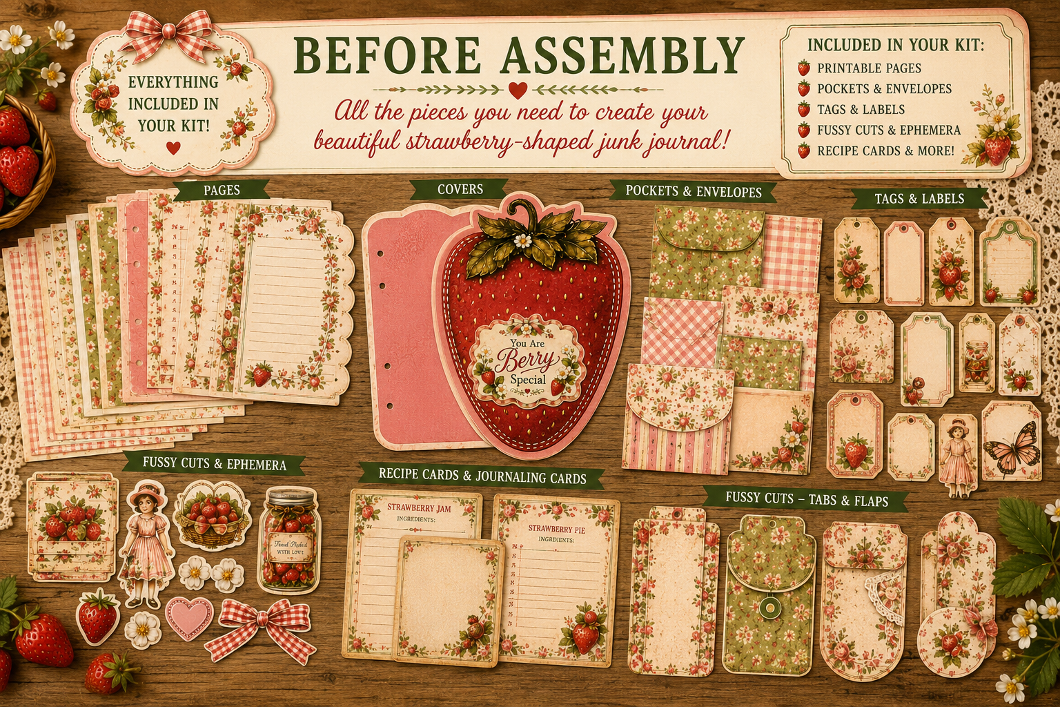 Printable strawberry themed curated creative junk journal kit showing unassembled digital pages before cutting and assembly, featuring vintage cottagecore papers, tags, pockets, and journal elements.
