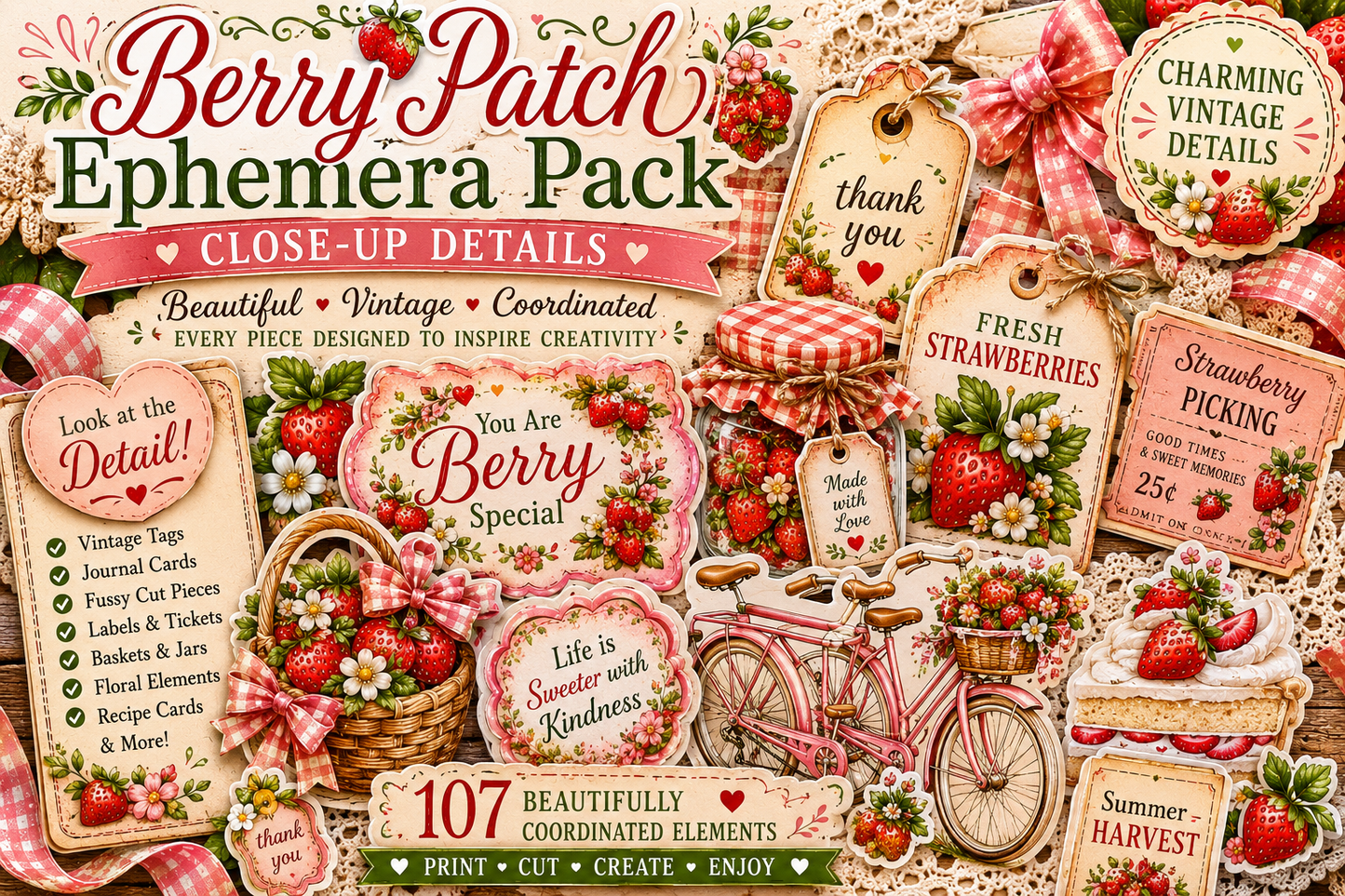 Close-up preview of Berry Patch Ephemera Pack featuring vintage strawberry themed printable tags, decorative labels, journal cards, floral embellishments, recipe cards, strawberry bicycle artwork, mason jars, bows, and layered cottagecore paper crafting elements.