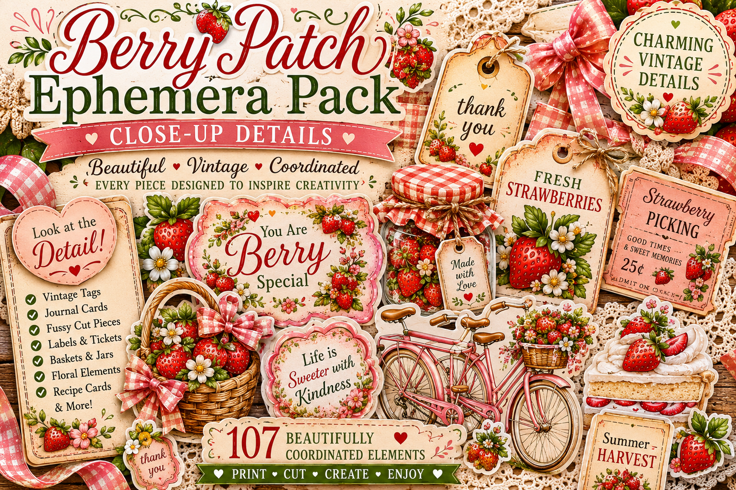 Close-up preview of Berry Patch Ephemera Pack featuring vintage strawberry themed printable tags, decorative labels, journal cards, floral embellishments, recipe cards, strawberry bicycle artwork, mason jars, bows, and layered cottagecore paper crafting elements.