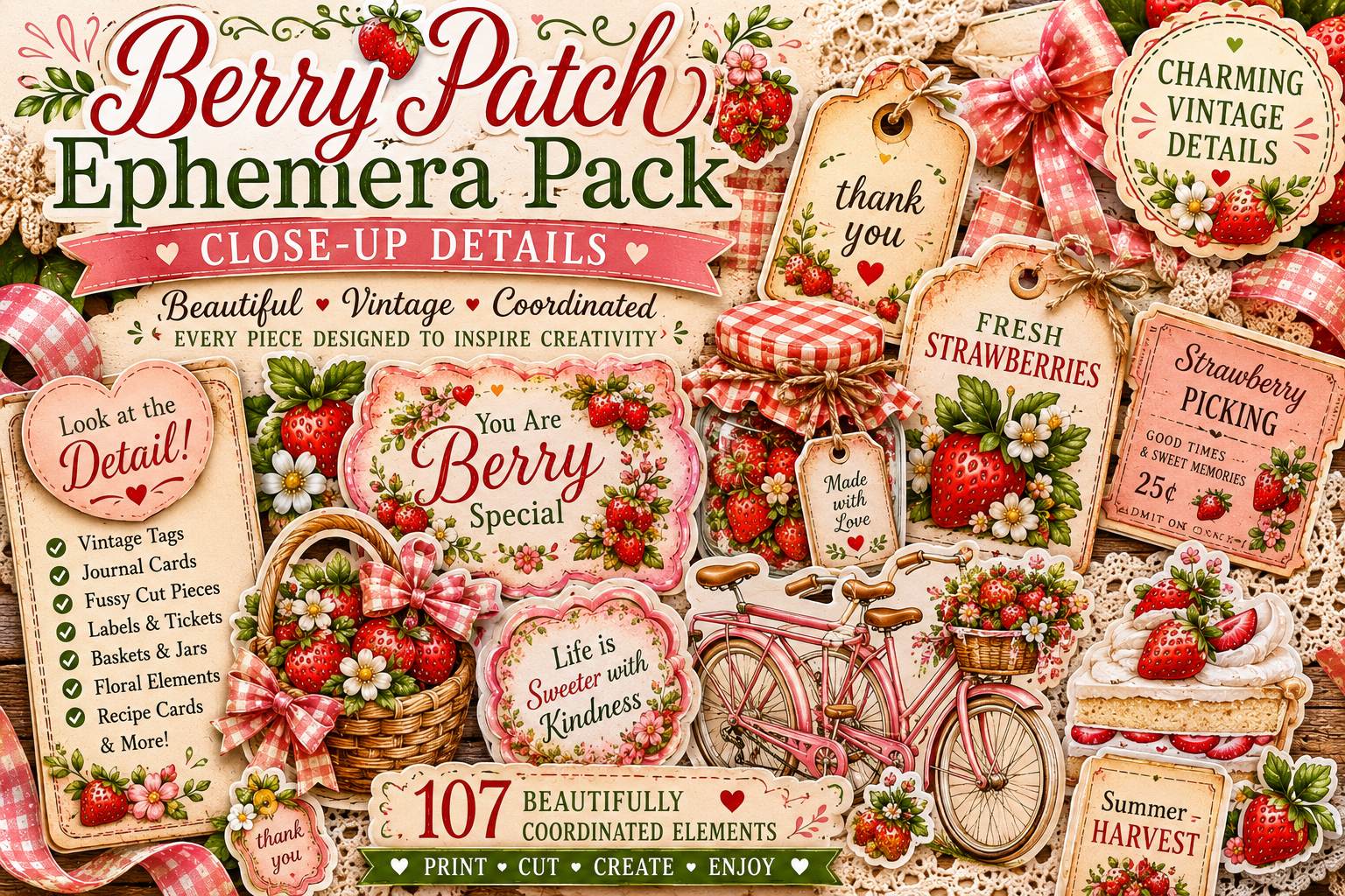 Close-up preview of Berry Patch Ephemera Pack featuring vintage strawberry themed printable tags, decorative labels, journal cards, floral embellishments, recipe cards, strawberry bicycle artwork, mason jars, bows, and layered cottagecore paper crafting elements.