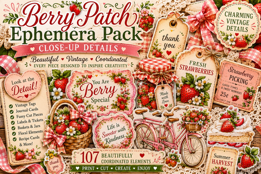 Close-up preview of Berry Patch Ephemera Pack featuring vintage strawberry themed printable tags, decorative labels, journal cards, floral embellishments, recipe cards, strawberry bicycle artwork, mason jars, bows, and layered cottagecore paper crafting elements.