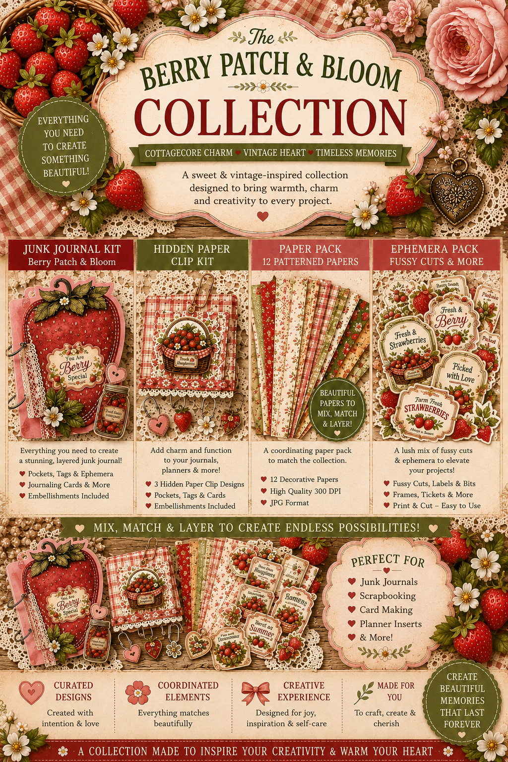 Berry Patch and Bloom printable paper crafting collection featuring strawberry themed junk journal kit, hidden paper clip kit, decorative paper pack, ephemera pack, fussy cuts, vintage cottagecore patterns, and coordinating digital crafting supplies.