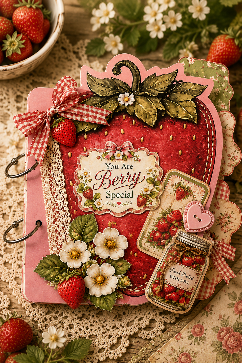 Strawberry shaped junk journal cover printable featuring vintage farmhouse inspired strawberry artwork.