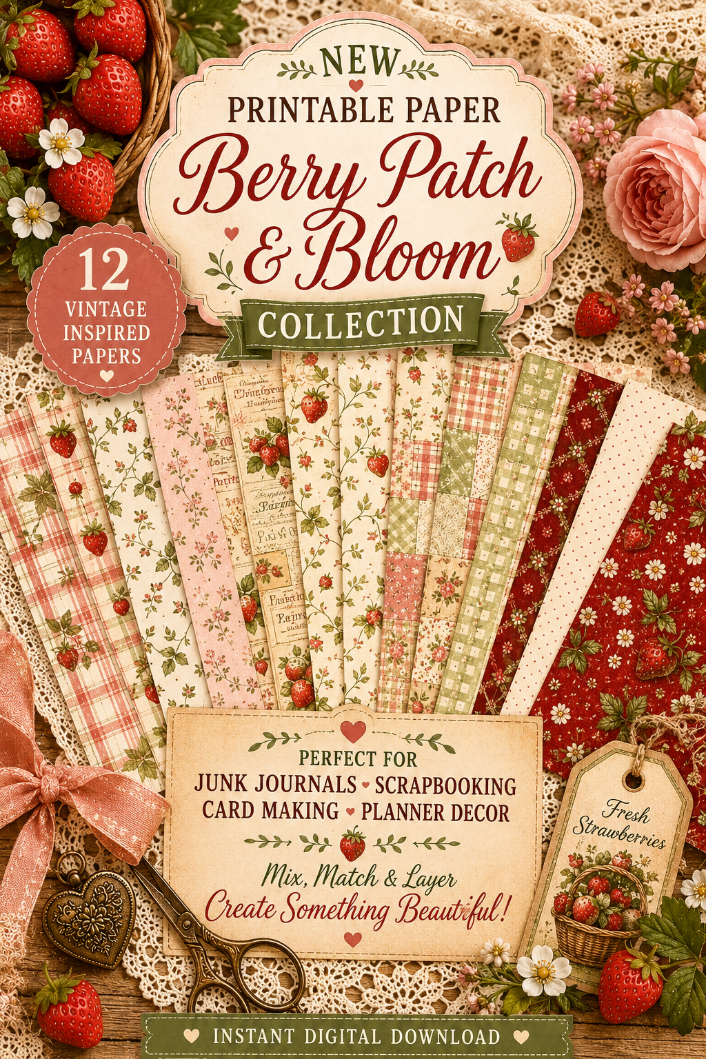 Strawberry printable scrapbook paper collection featuring vintage floral cottagecore junk journal papers for digital crafting.