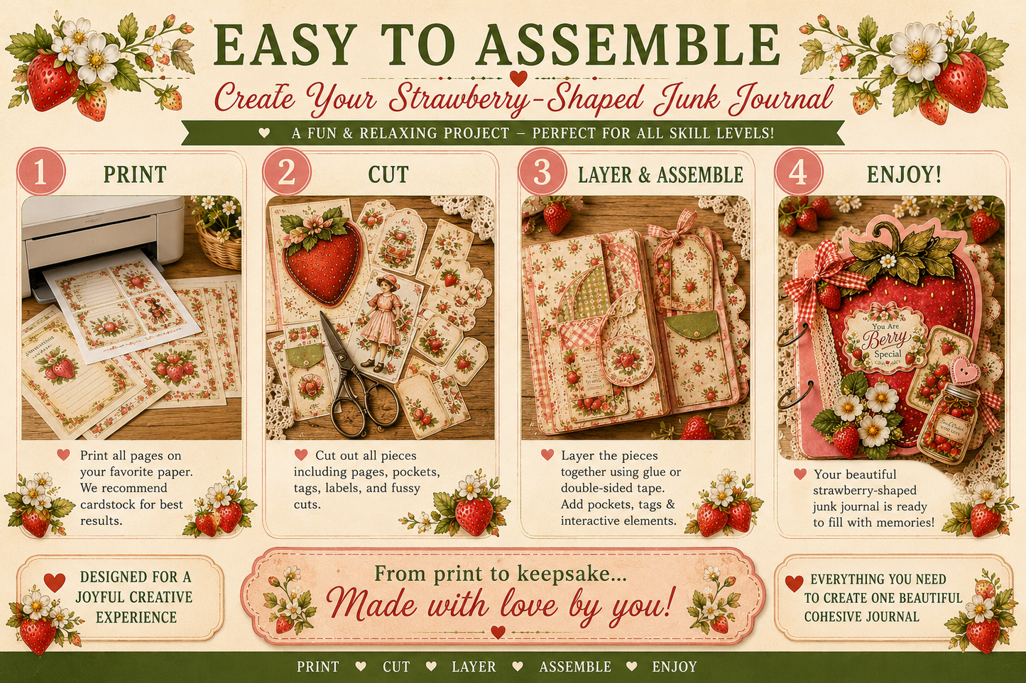 Easy to assemble strawberry themed curated creative junk journal kit showing step-by-step printable process including printing, cutting, layering, and assembling the finished journal project.
