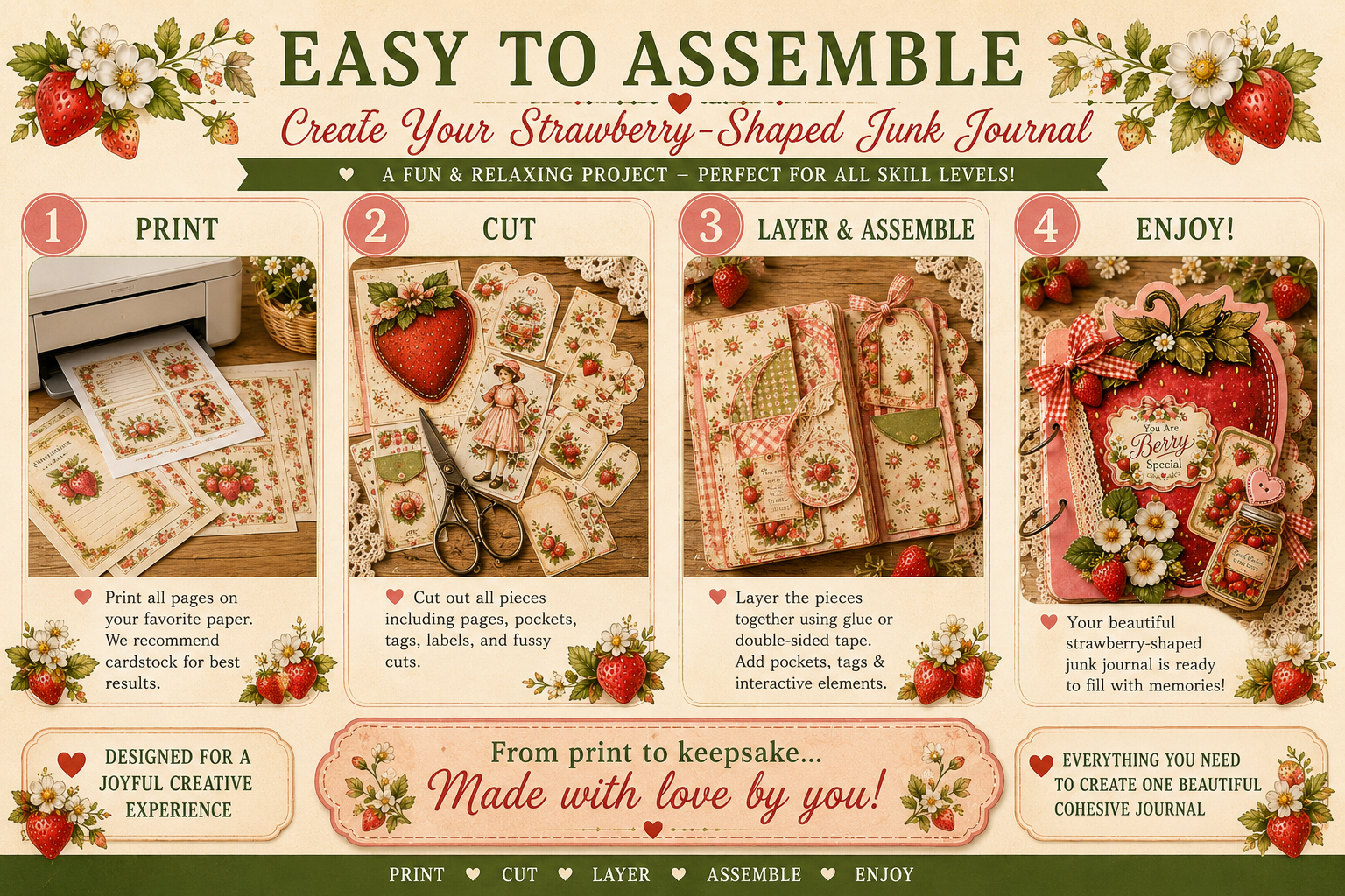 Easy to assemble strawberry themed curated creative junk journal kit showing step-by-step printable process including printing, cutting, layering, and assembling the finished journal project.