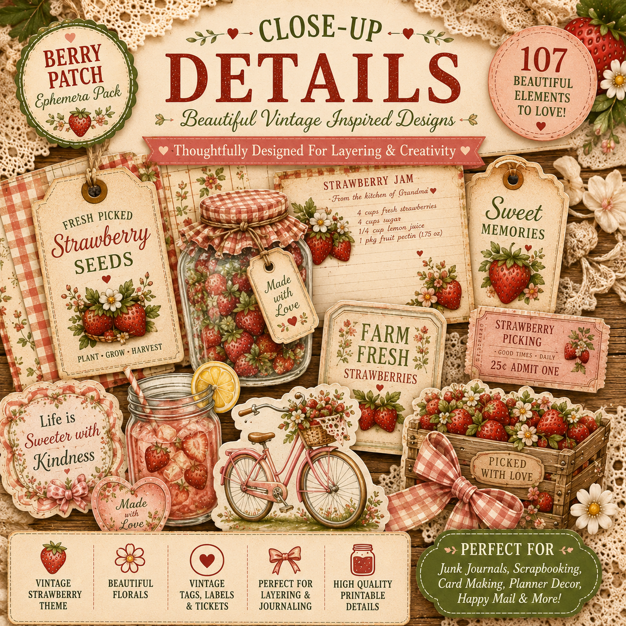 Berry Patch Ephemera Pack printable craft kit featuring 107 vintage strawberry themed paper crafting elements including tags, labels, journal cards, recipe cards, tickets, fussy cuts, and decorative junk journal embellishments