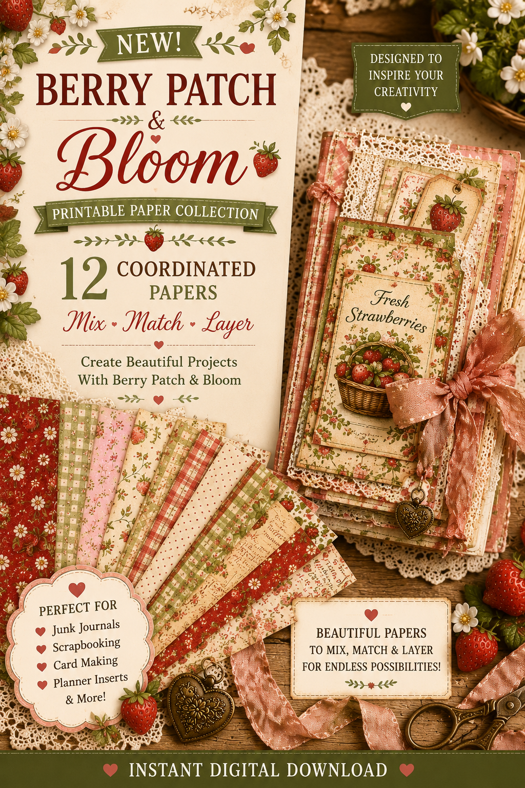 Strawberry printable scrapbook paper collection featuring vintage floral cottagecore junk journal papers for digital crafting.