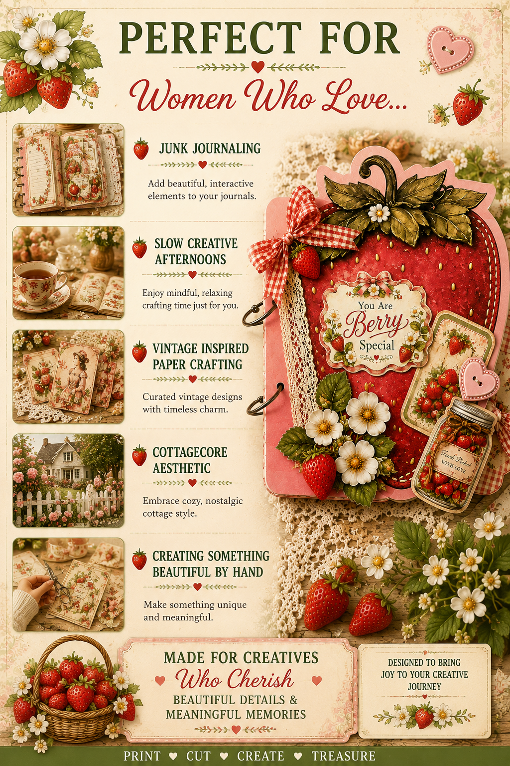 Berry Patch & Bloom curated creative junk journal kit designed for junk journal lovers, paper crafters, scrapbook enthusiasts, and women who enjoy vintage inspired creative projects.