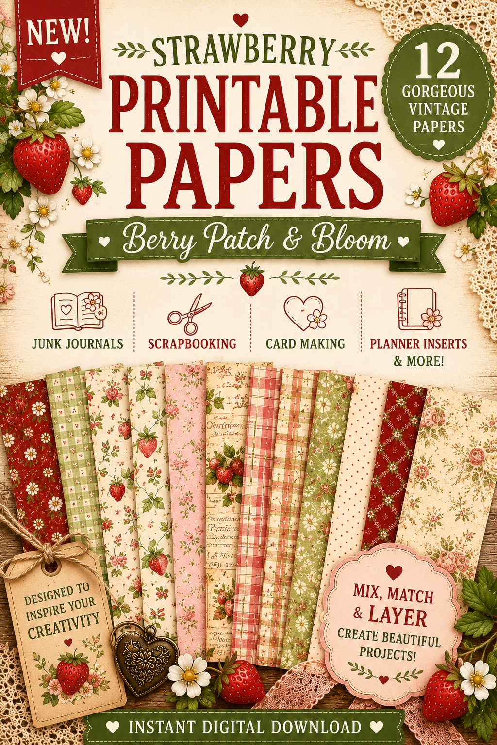 Strawberry printable scrapbook paper collection featuring vintage floral cottagecore junk journal papers for digital crafting.