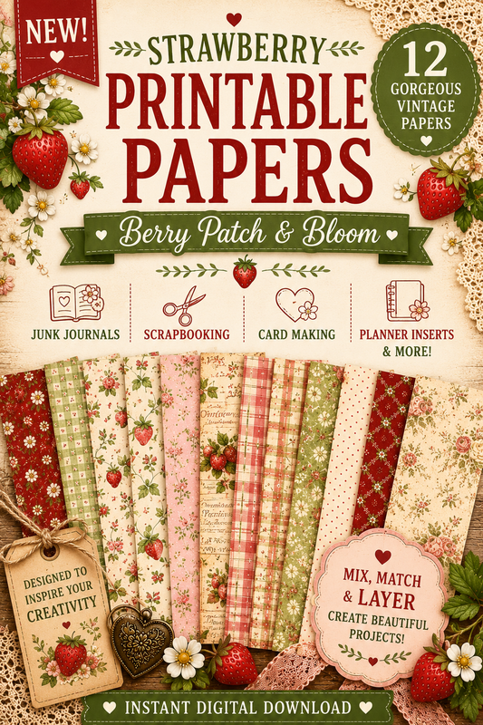 Strawberry printable scrapbook paper collection featuring vintage floral cottagecore junk journal papers for digital crafting.