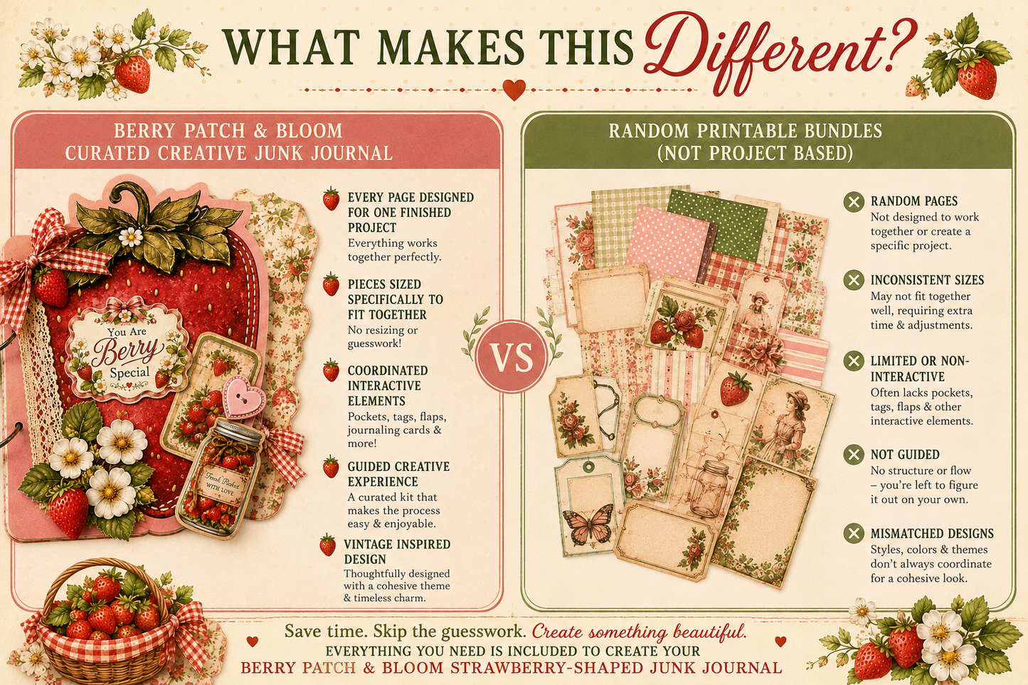 Berry Patch & Bloom curated creative junk journal kit showing how this printable project differs from random digital bundles with fully coordinated pieces designed to create one complete strawberry shaped journal.