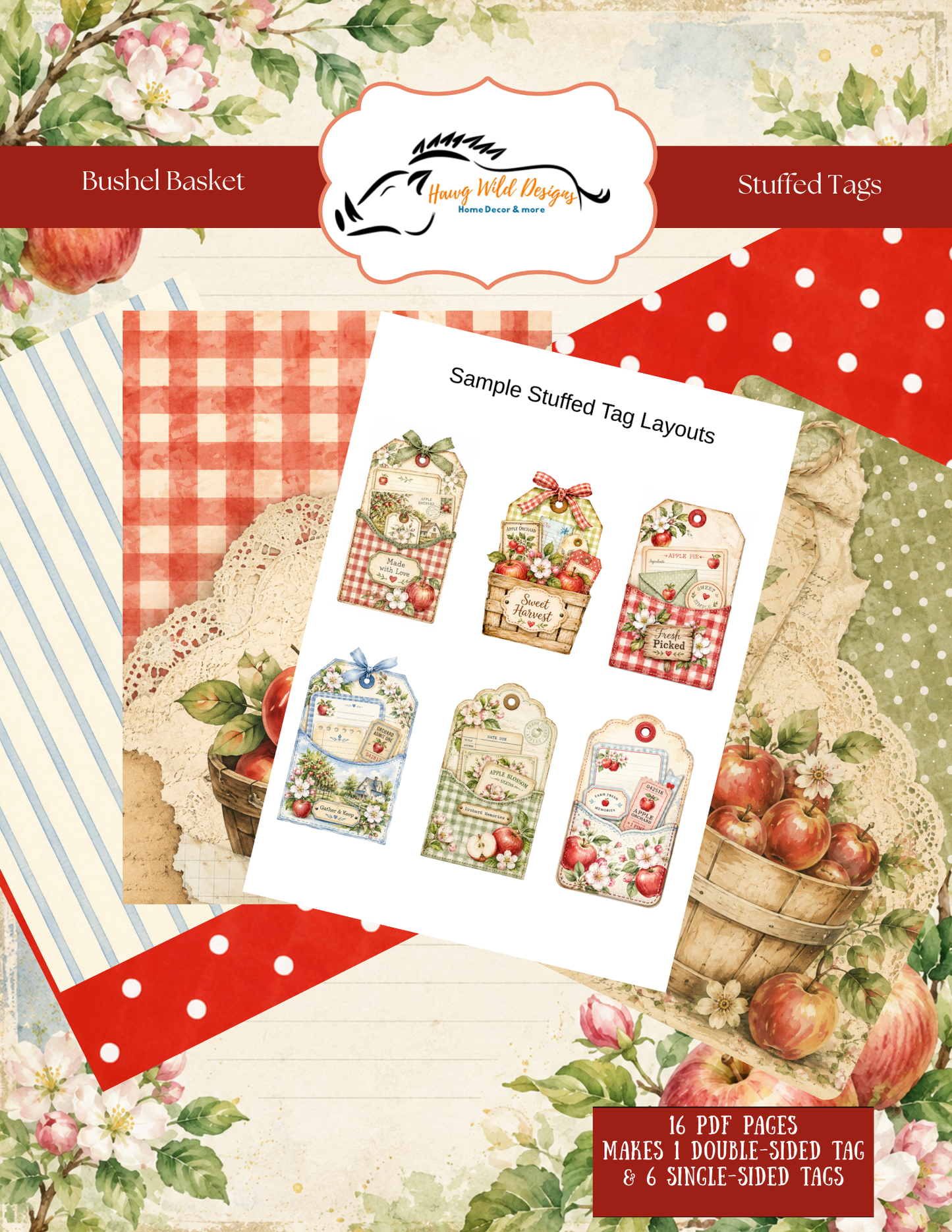 Bushel Basket Stuffed Tags junk journal kit featuring vintage apple, gingham and floral tag designs from the Apple Boughs & Bushel Baskets Collection.
