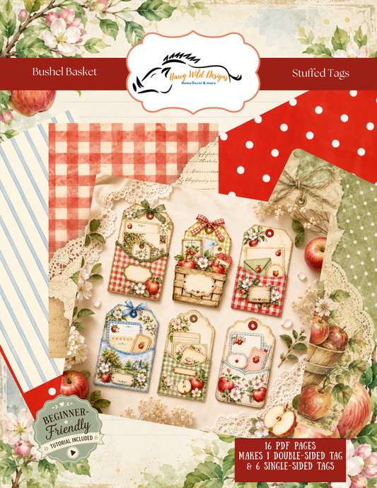 Bushel Basket Stuffed Tags junk journal kit featuring vintage apple, gingham and floral tag designs from the Apple Boughs & Bushel Baskets Collection.