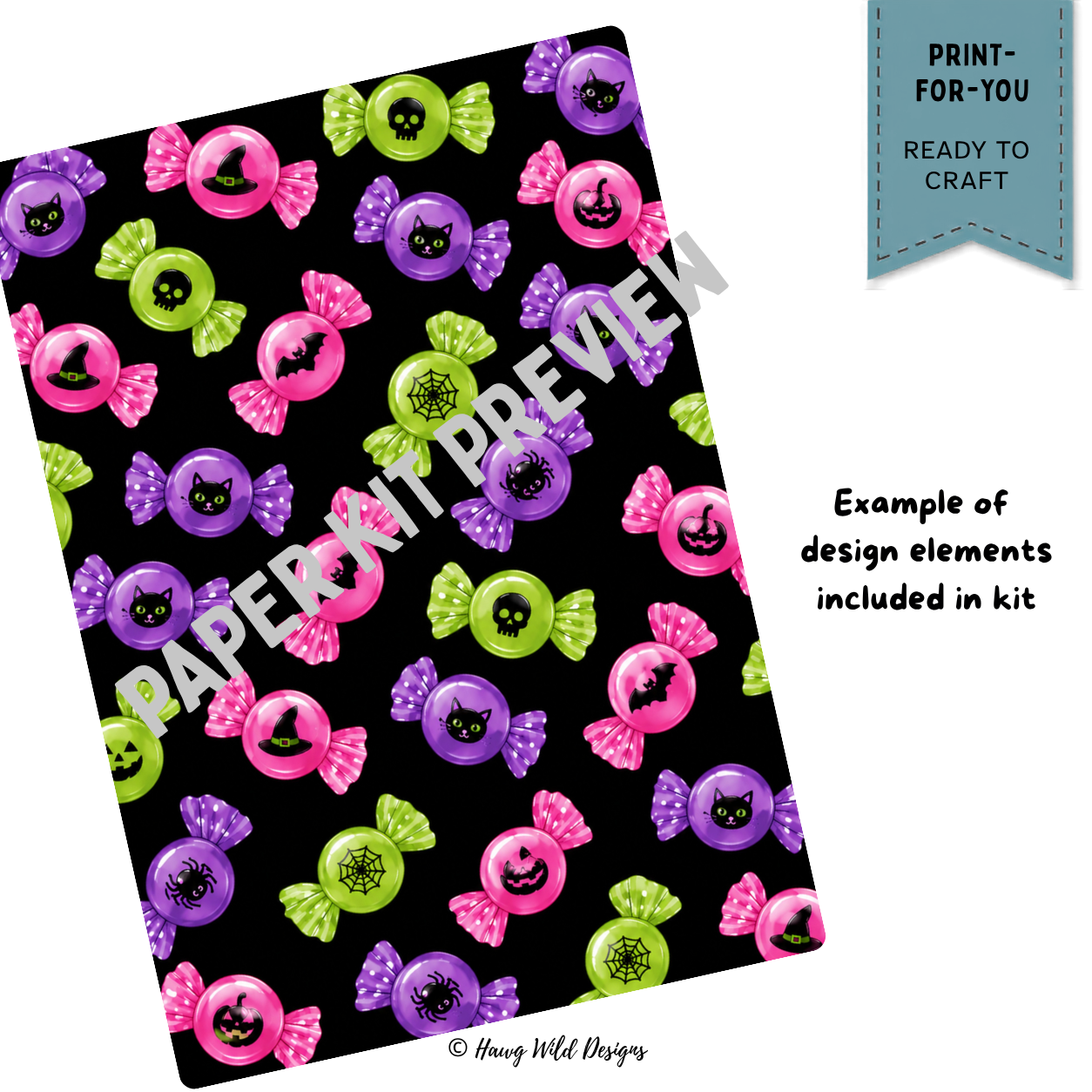 Halloween patterned paper from the Boots Bows & Broomsticks craft kit featuring pink, purple, and green spooky candy designs