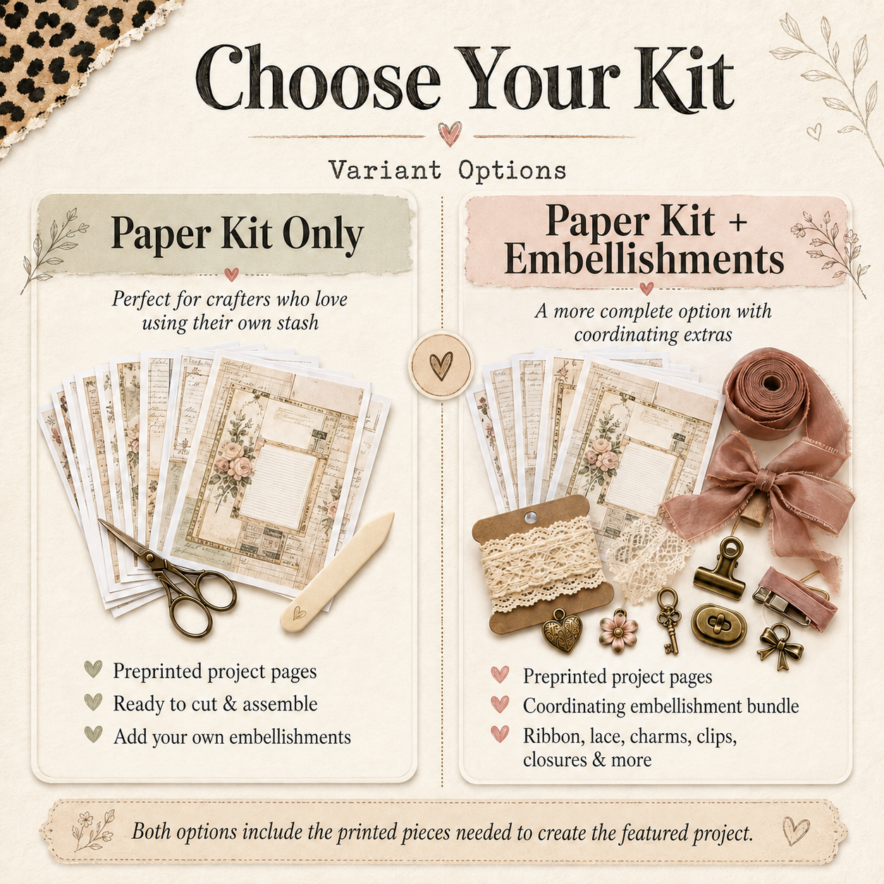Paper Craft Socials kit options showing Paper Kit Only and Paper Kit plus embellishments with preprinted project pages and coordinating craft supplies