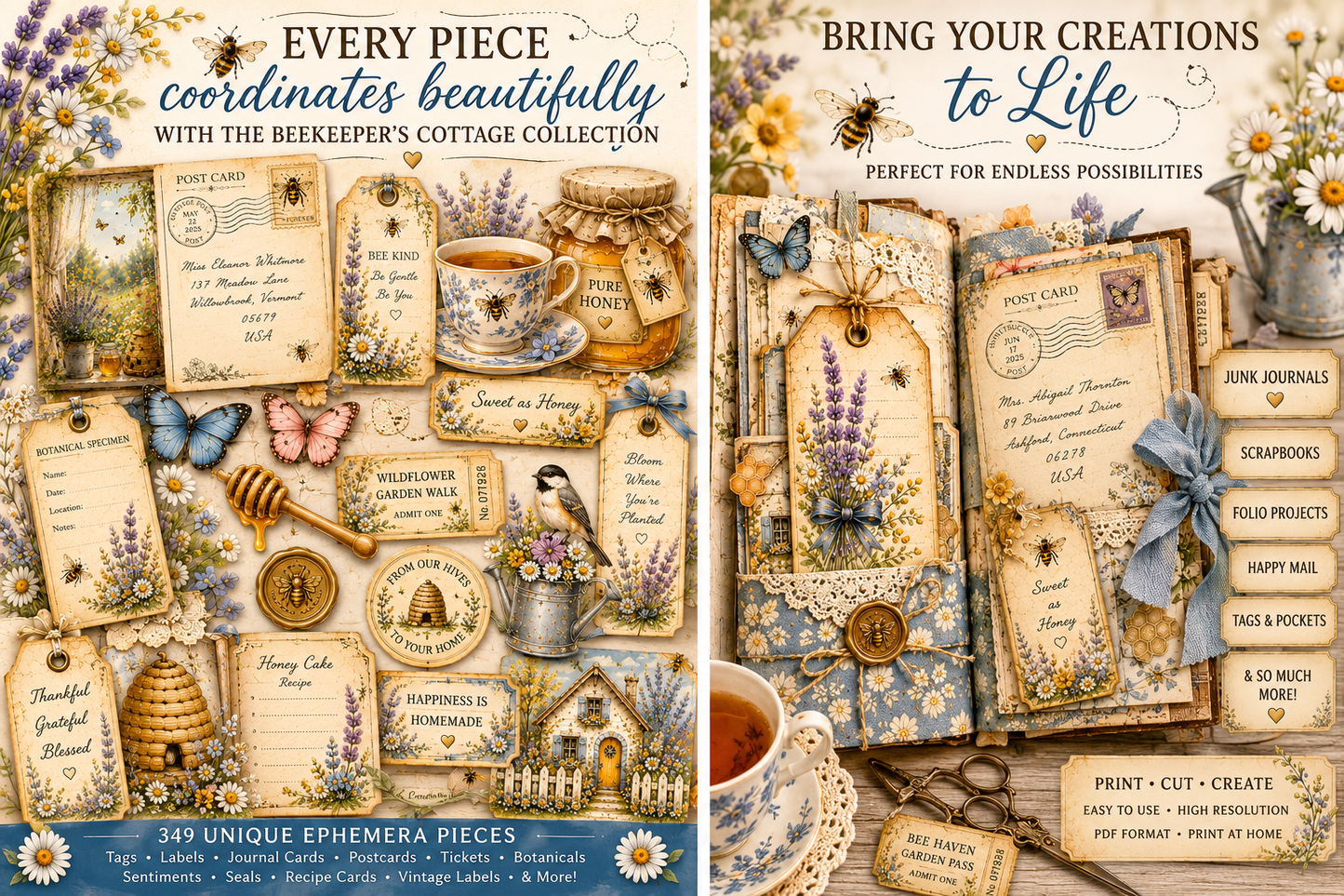 Honey Harvest Treasures Ephemera Mega Pack | 349 Printable Bee and Cottage Journal Pieces