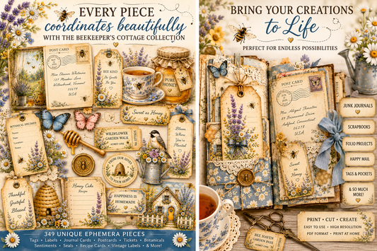 Honey Harvest Treasures Ephemera Mega Pack | 349 Printable Bee and Cottage Journal Pieces