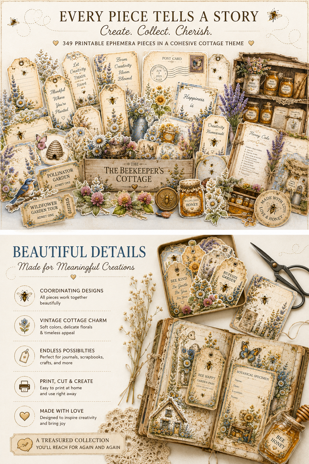 Honey Harvest Treasures Ephemera Mega Pack | 349 Printable Bee and Cottage Journal Pieces
